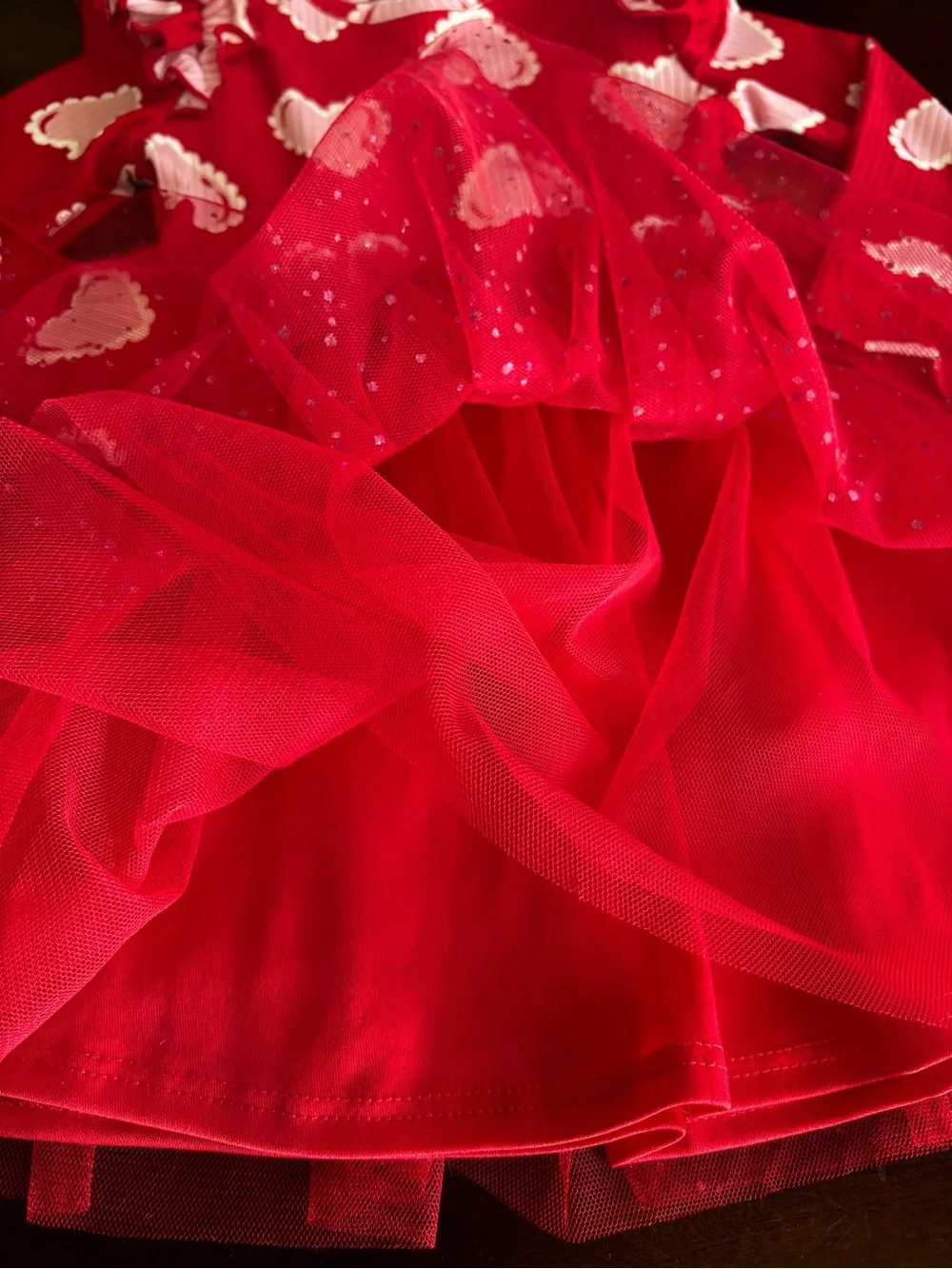 Girls' Red Heart Print Tulle Dress